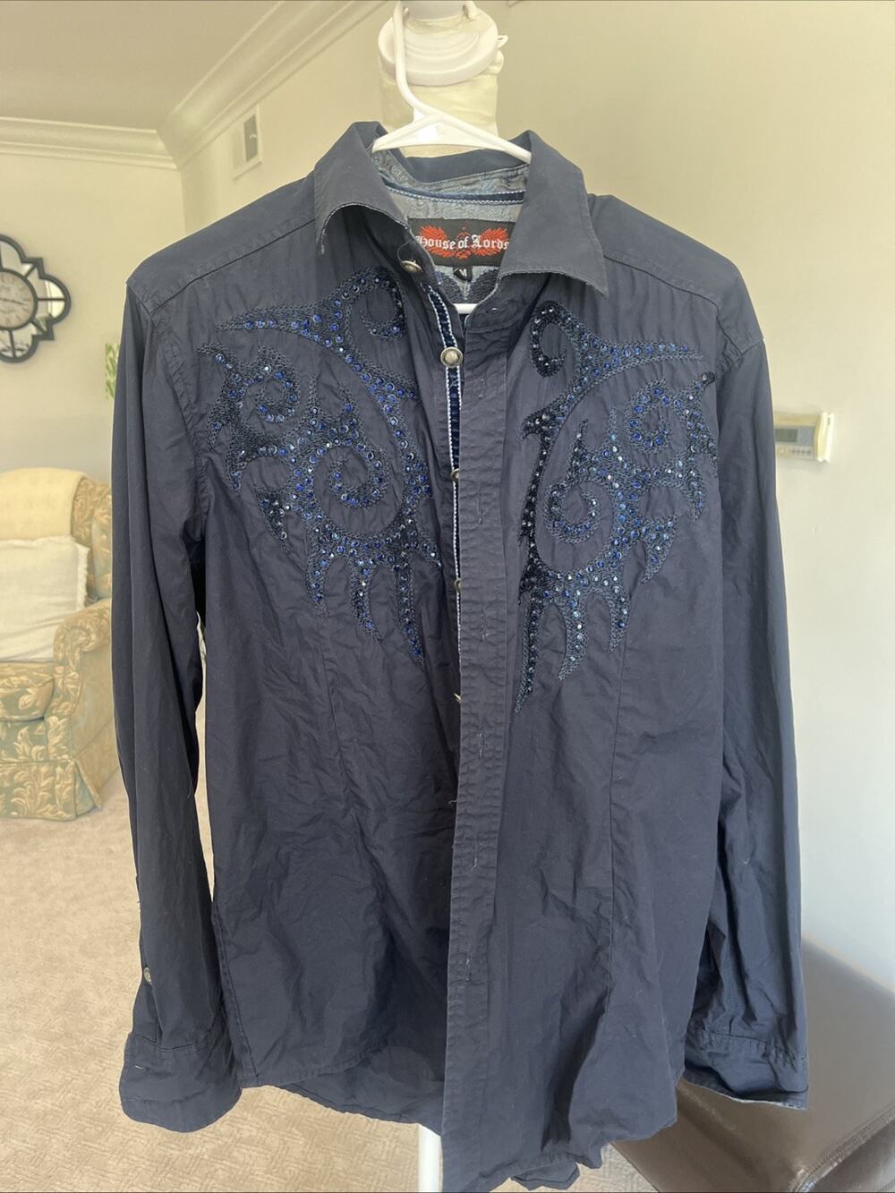 House of Lords Blue Button Up Shirt Mens Heavily Embellished Rock Cowboy